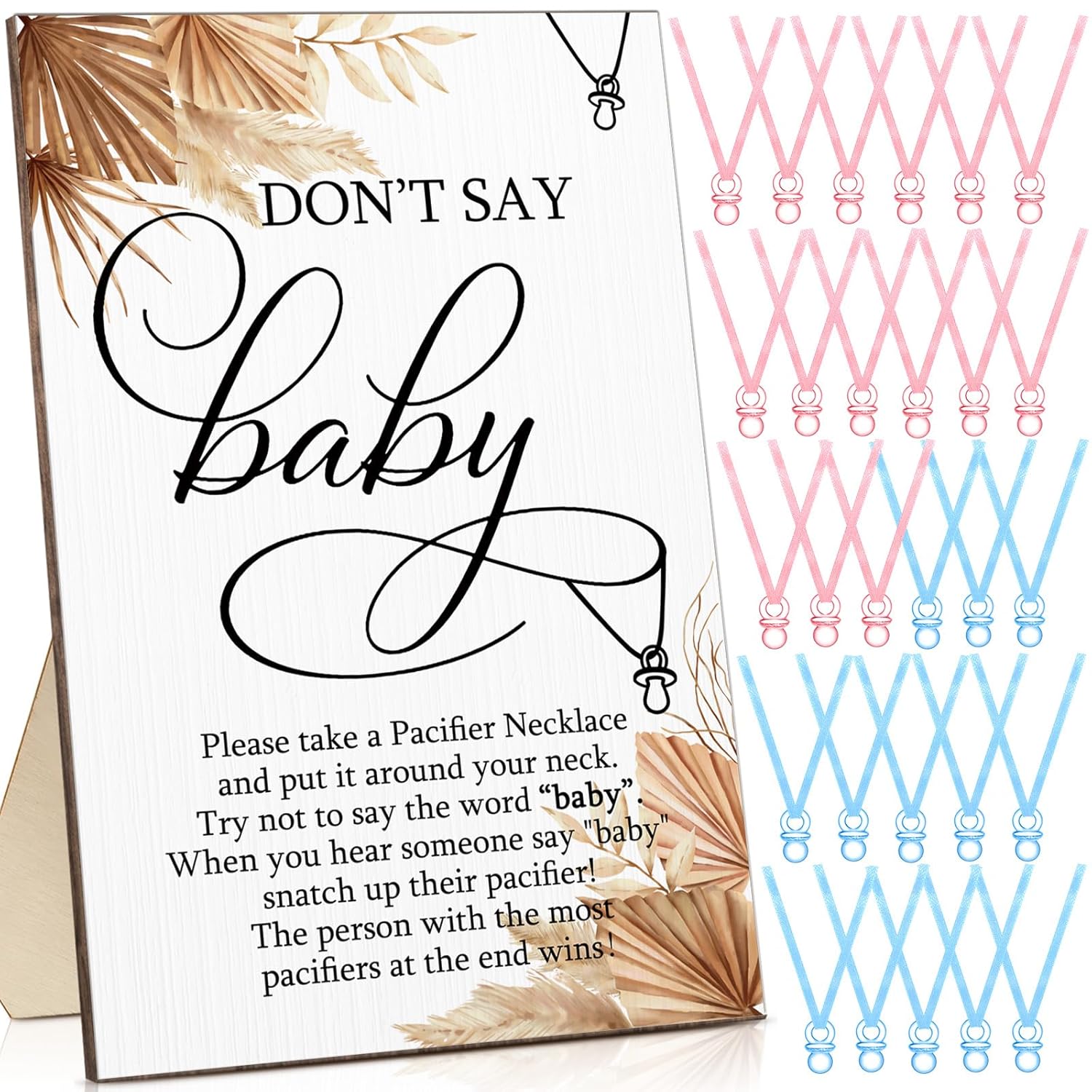 51 Pcs Don'T Say Baby Game Sign Boho Baby Shower Pacifier Game 50 Plastic Pacifier Necklace Wooden Don'T Say Sign Party Favor For Fall Gender Reveal Gift Rewards Supplies Decoration(Pink,Blue)