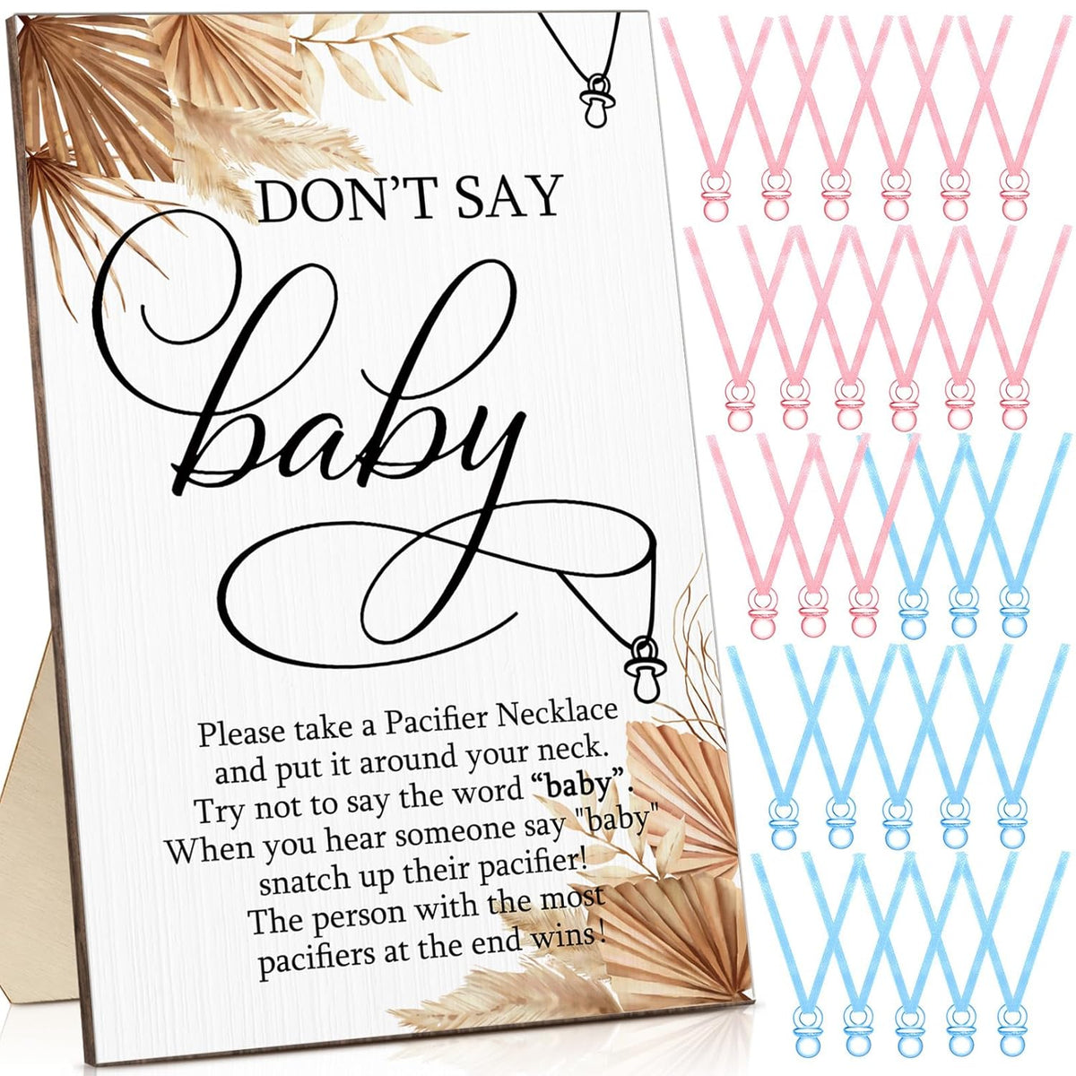51 Pcs Don'T Say Baby Game Sign Boho Baby Shower Pacifier Game 50 Plastic Pacifier Necklace Wooden Don'T Say Sign Party Favor For Fall Gender Reveal Gift Rewards Supplies Decoration(Pink,Blue)