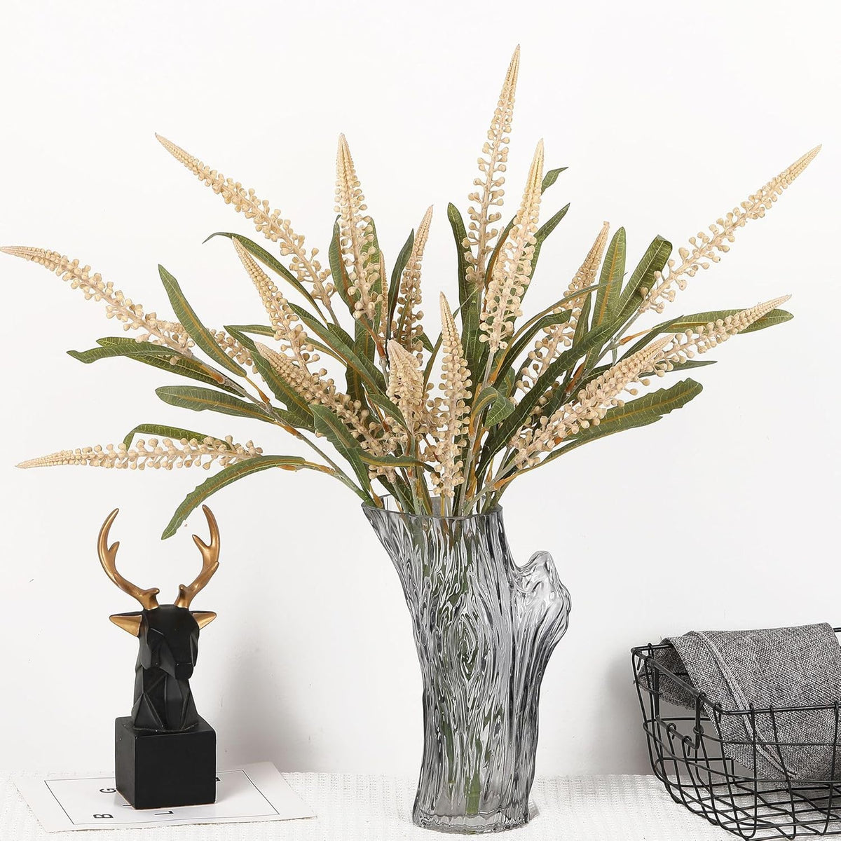 3Pcs Artificial Banksia Flower Spray With Green Leaves Realistic Silk Floral Arrangement For Wedding Bouquets Home Decor (Beige)