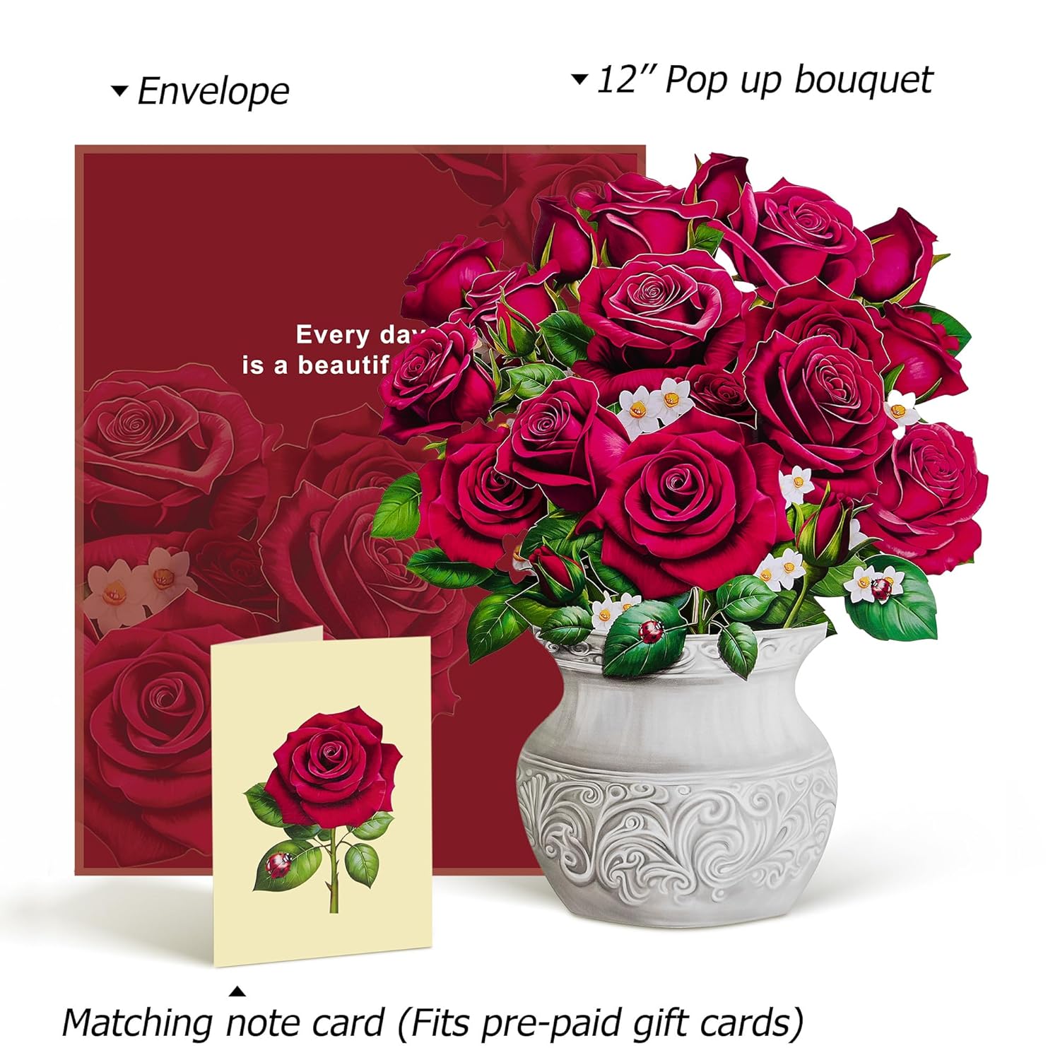 Pop Up Flower Card, 3D Paper Flowers Bouquet, Valentines Day, Birthday, Thank You Greeting Cards With Note Card & Envelope, Red Rose