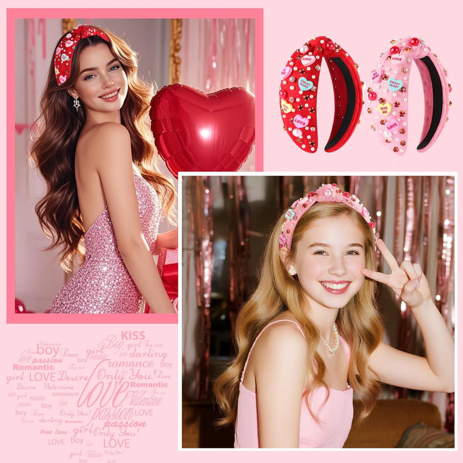 2 Pcs Valentines Day Headband For Women Love Heart Headband Pearl Rhinestone Crystal Jeweled Hairbands Fashion Ladies Hair Band Valentine’S Day Hair Accessories (Red And Pink)