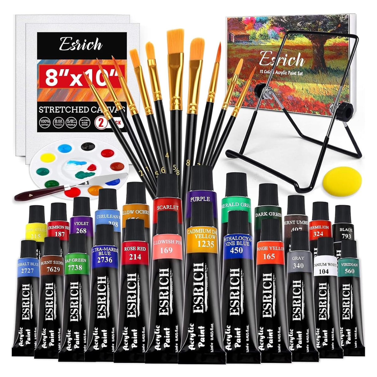 40Pcs Acrylic Paint Set, Art Painting Supplies Kit With 24 Paints, 2 Canvas Panels,10 Brushes, Table Metal Easel Etc, Premium Paint Set For Students, Artists And Beginner