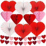 Valentines Day Decorations Set - 12 Pcs Heart Paper Fans, Honeycomb Hearts & 2 Packs 60.6In Felt Heart Garland - Valentines Day Decor For Home Office, Galentines Day Backdrop Party Supplies
