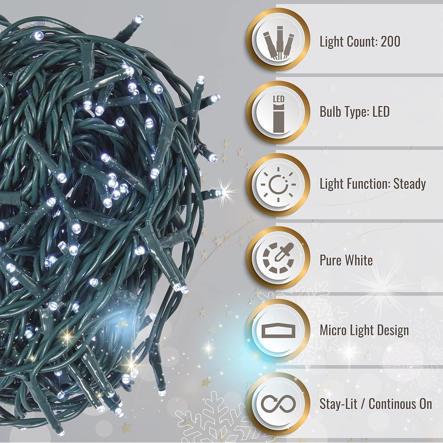 200 Led Christmas Lights Indoor Outdoor, 34.1Ft Mini Pure White Christmas Lights On Green Wire For Xmas Décor