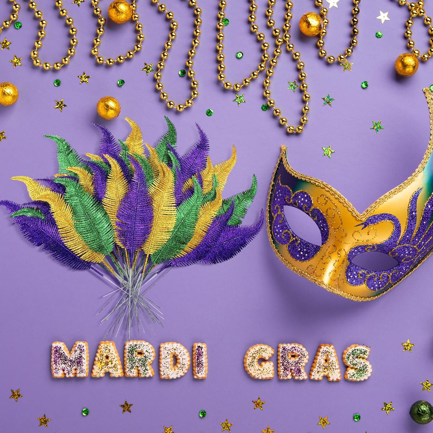 48 Pcs Mardi Gras Glitter Leaves Feather 13.4'' Faux Sparkly Feather Leaves Mardi Gras Party Decoration Plant Decor Twig Wreath Garland Mardi Gras Pick For Craft Sprays Artificial Leaves Gift