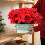 Artificial Poinsettia Christmas Centerpiece, Red Faux Flowers Arrangement In Green Metal Planter With Floral Patterns & Jute Rope Handles, Tabletop Xmas Decoration For Home Décor Gifts