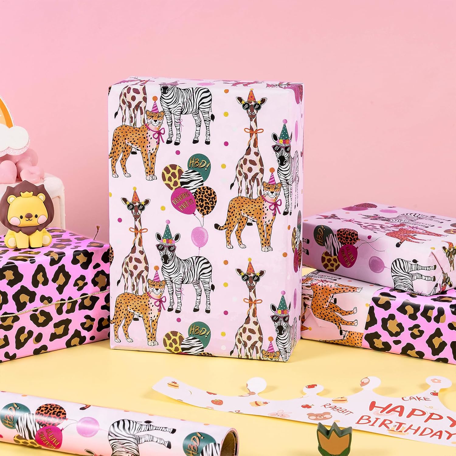 Reversible Birthday Wrapping Paper Roll, Mini Roll, Safari Animals Party Design & Pink Leopard Print Gift Wrap For Girls Birthday Party, Baby Shower, 17 Inches X 16.4 Feet