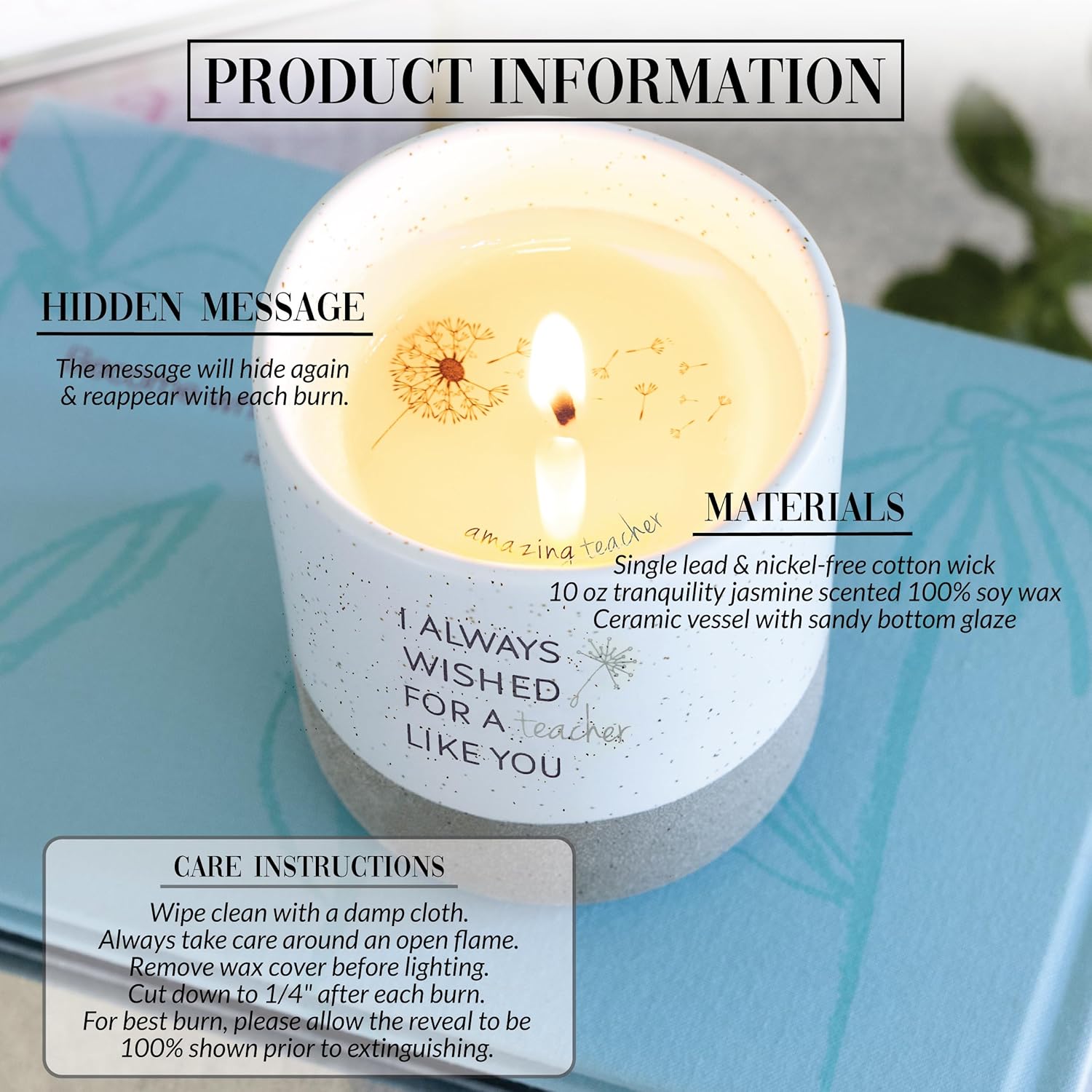 Pavilion Gift Company - I Always Wished for A Teacher Like You 10 Ounce Surprise Hidden Message Natural Soy Wax Candle Jasmine Scented, 1 Count (Pack of 1), 3.5” x 4”