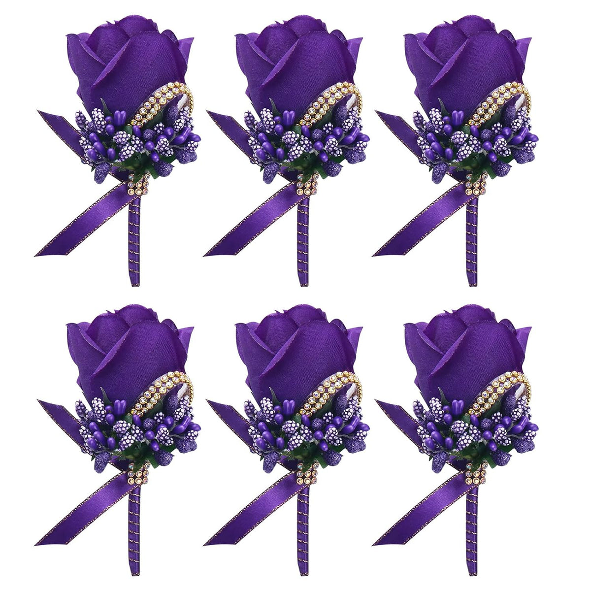 Purple Wedding Rose Boutonniere With Pins For Men Wedding Groomsmen Best Man, Groom Boutonnieres For Party Prom Anniversary (Boutonniere-Purple, 6 Packs)