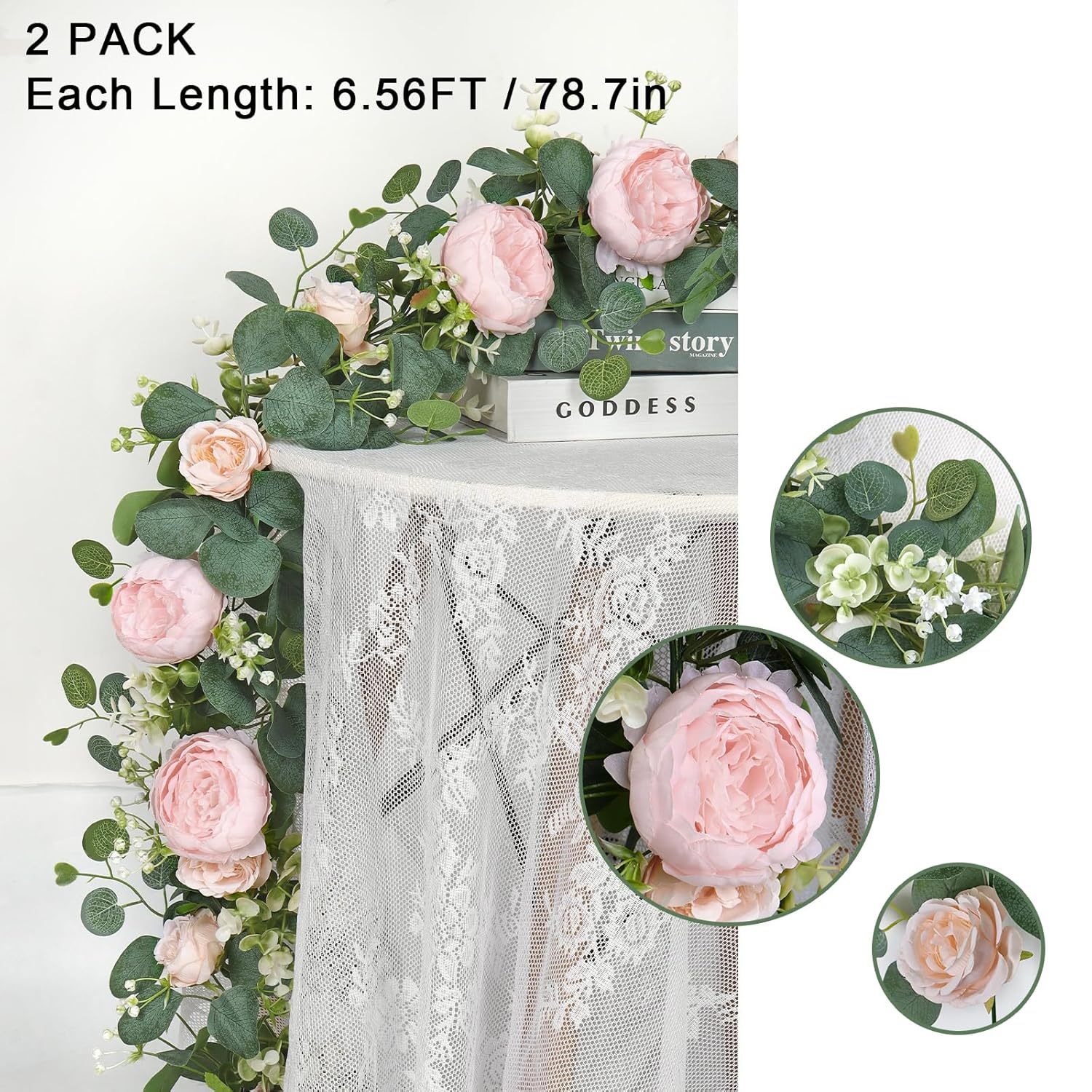 2 Pack 13Ft Flower Garland, Artificial Rose Vine Fake Flower Garland Silk Rose Peony Hanging Vine Faux Floral Garlands For Wedding Party Arch Table Wall Backdrop Decoration (Light Pink, 2Pcs)