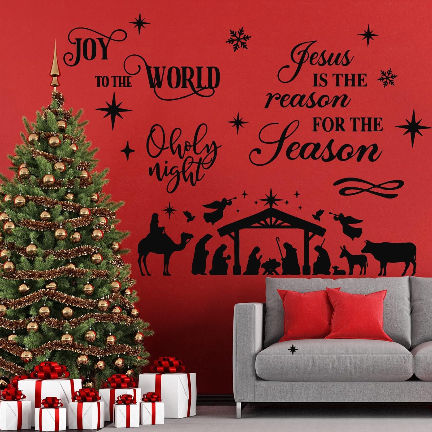 3 Pcs Nativity Scene Wall Decor Stickers Christmas Bible Quotes Christian Vinyl Wall Decal Set Jesus Is The Reason For The Season Bible Verse Wall Decals Joy To The World Wall Stickers For Home