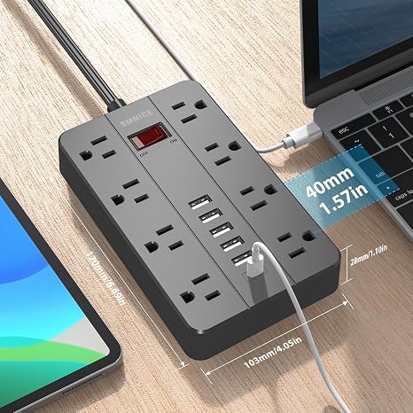10 Ft Extension Cord Power Strip 8 Outlets 6 USB C Flat Plug Black