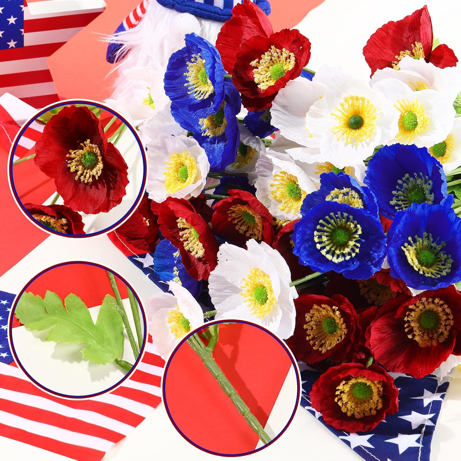 24 Pcs Veterans Day Artificial Poppies Flowers Patriotic Red Blue White Fake Poppy Flower Poppy Floral Arrangement For 4Th Of July Memorial Day Party Indoor Table Centerpiece Decor