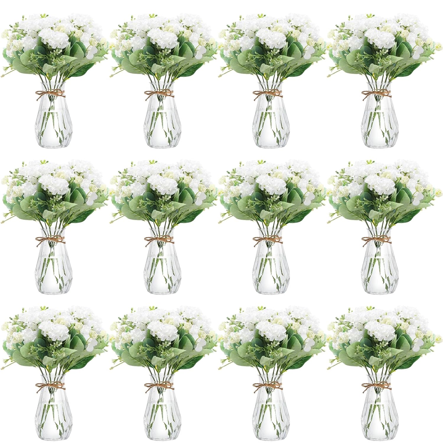 37 Pack Artificial Flowers With Bud Vase Bulk 24 Bundles Silk Bouquet 12 Plastic Clear Vase With 1 Rope Fake Flowers For Table Centerpiece Vases Wedding Party Decor(White,Hydrangea)