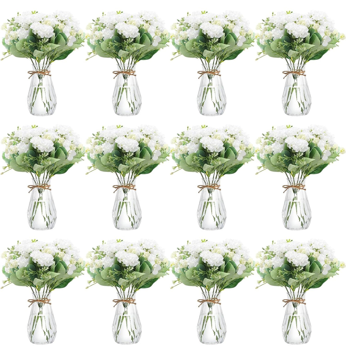 37 Pack Artificial Flowers With Bud Vase Bulk 24 Bundles Silk Bouquet 12 Plastic Clear Vase With 1 Rope Fake Flowers For Table Centerpiece Vases Wedding Party Decor(White,Hydrangea)