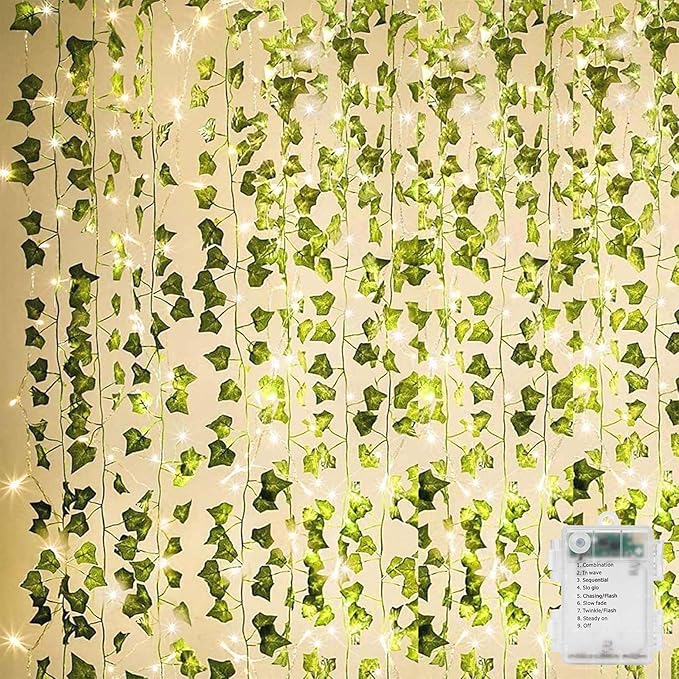 12 Pack 84FT Artificial Ivy Vine Garland with 80 LED String Lights Fake Hanging Plants for Bedroom Wall Decor Garden Wedding Party Home Room Decoration Green