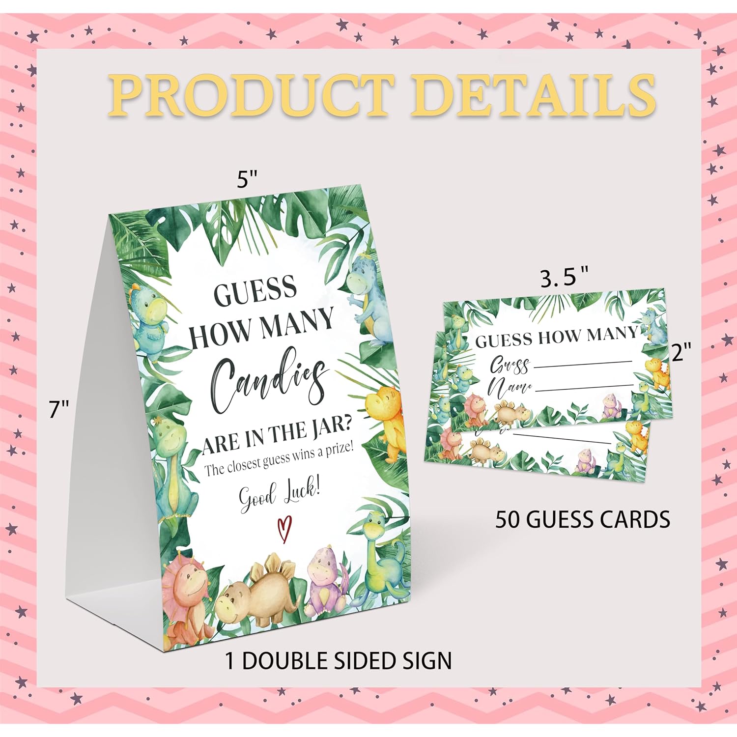 Dinosaur Guess How Many Candies Are In The Jar Game For Baby Shower, Pack Of One 5X7 Sign And 50 Guessing Cards, Greenery Baby Shower Decoration, Gender Neutral Party Supplies - Gc07