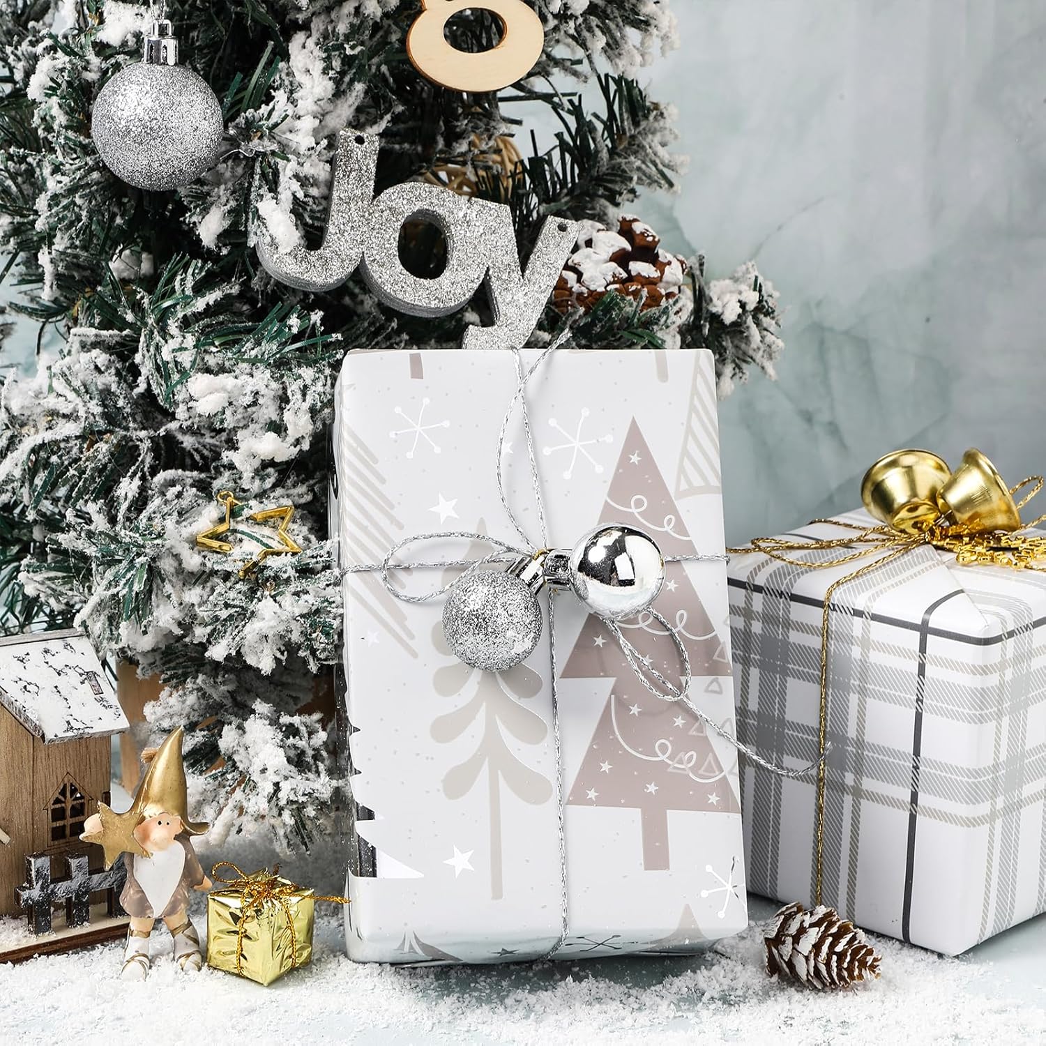Christmas Silver Woodland Wrapping Paper Jumbo Roll, Christmas Tree Snowflakes Modern Plaid Grid Silver Foil Reversible Design For Festive Winter Holiday, Family Gathering,24 Inches X 100 Feet