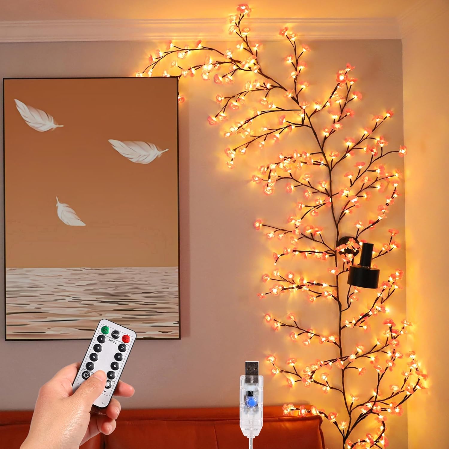 Cherry Blossom Led Lights For Wall Decor, 48 Led Willow Vine Twig Garland With Remote Control, 8 Lighting Modes, Indoor