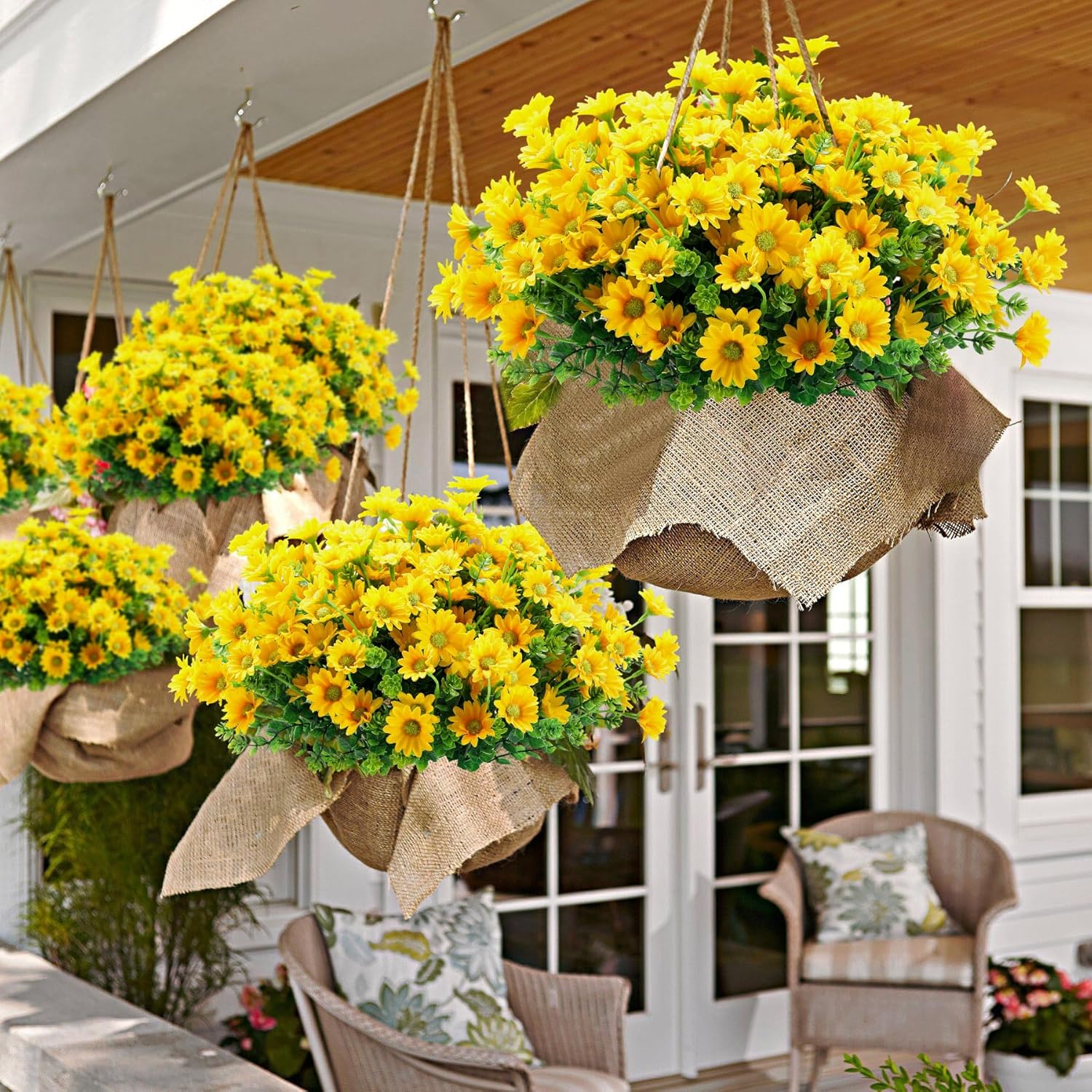 10Pcs Outdoors Artificial Mum Flowers Uv Resistant Daisy Fake Silk Chrysanthemum Greenery Faux Eucalyptus Plants For Spring Summer Garden Patio Window Box Planter Home Decor(Yellow)