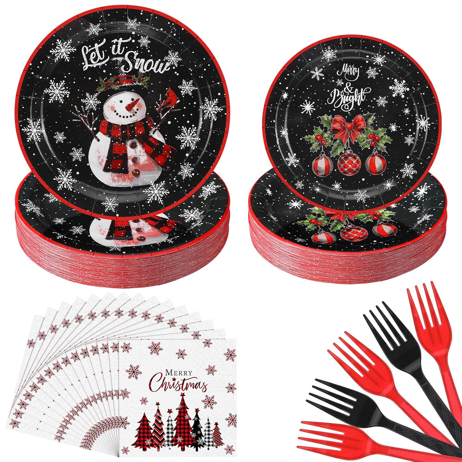 96 Pcs Merry Christmas Party Decorations For 24 Guests Snowman Christmas Paper Plates And Napkins Set Black Disposable Tableware Set Plates Napkins Forks For Xmas Winter Holiday Party Favors