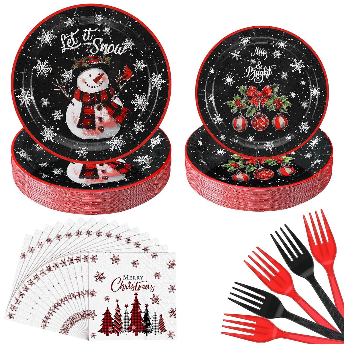 96 Pcs Merry Christmas Party Decorations For 24 Guests Snowman Christmas Paper Plates And Napkins Set Black Disposable Tableware Set Plates Napkins Forks For Xmas Winter Holiday Party Favors