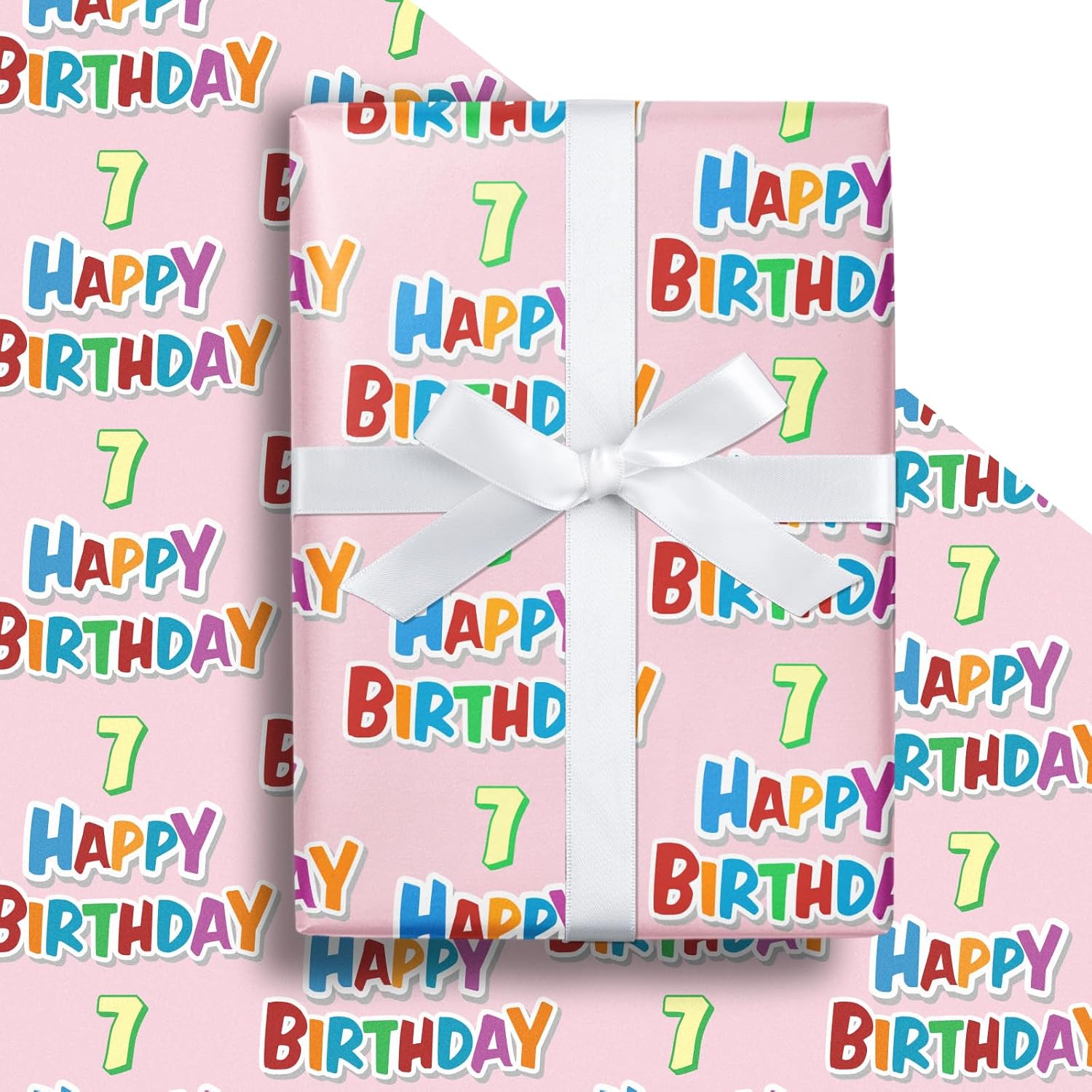 7Th Birthday Wrapping Paper Roll - Pink Happy 7Th Birthday Gift Wrap For Age7 Girls Birthday Party - Mini Roll - 17 Inches X 16.4 Feet (23.2 Sq.Ft.)