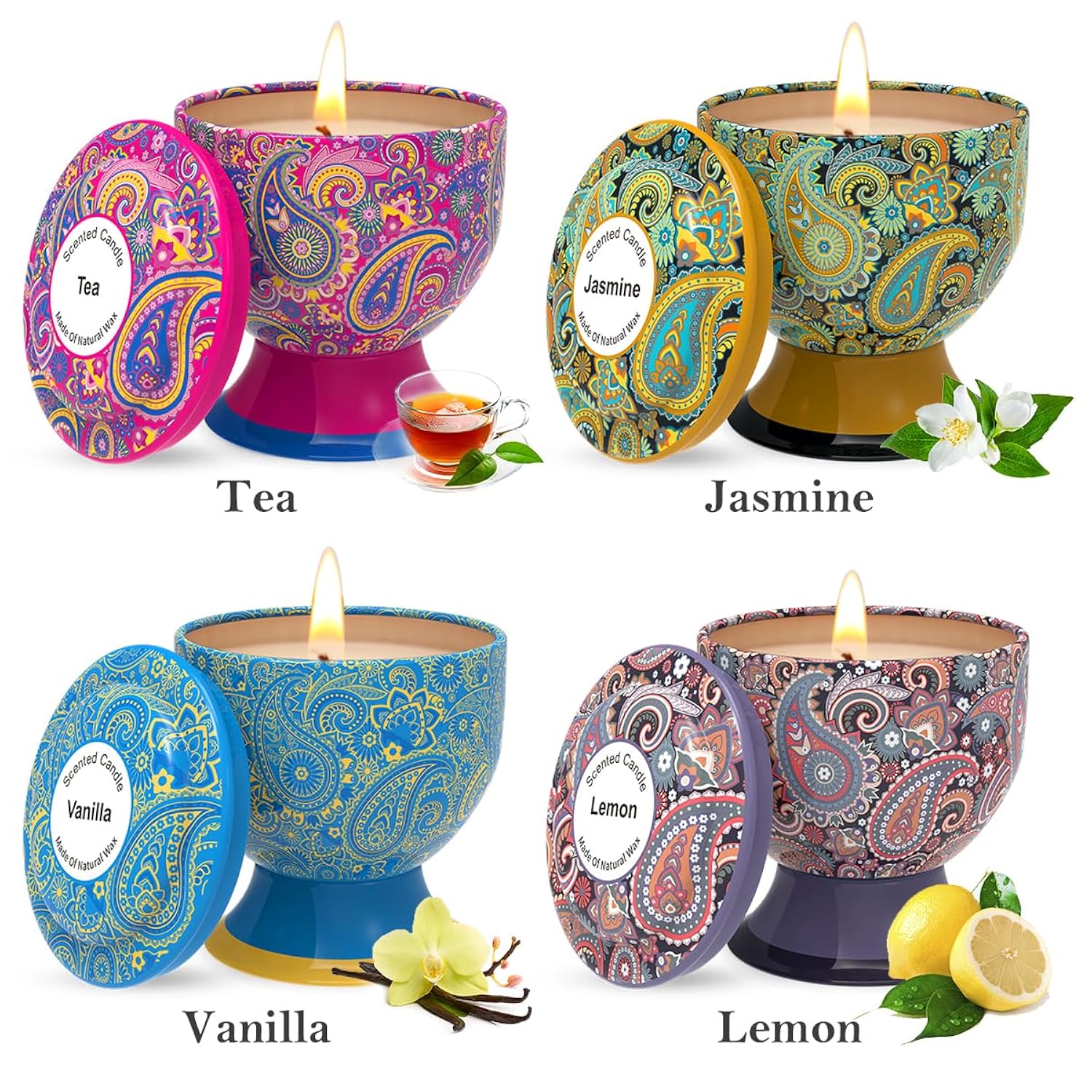 Aromatherapy Candle Stress Relief Gift Set, 4 Packs Of 4 Ounces, 100% Soy, Long-Lasting, Suitable For Family Fragrances, Holiday Decorations, Weddings (Lemon, Vanilla, Jasmine, Green Tea)