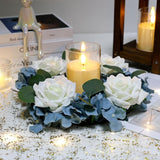 Artificial Flower Candle Rings - 6 Inch Inner Rose Floral Wreaths With Butterflies For Wedding Bridal Event Table Centerpieces Backdrop Decorations (Dusty Blue & White, 2 X Candle Rings)