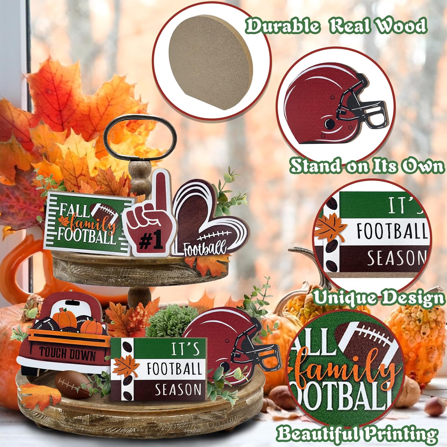 Fall Football Tiered Tray Decor, Farmhouse Tray Decorations Truck Heart Football Helmet Game Wooden Sign, Rustic Thanksgiving Autumn Football Season Decorations For Home Table Shelf Party 6Pcs