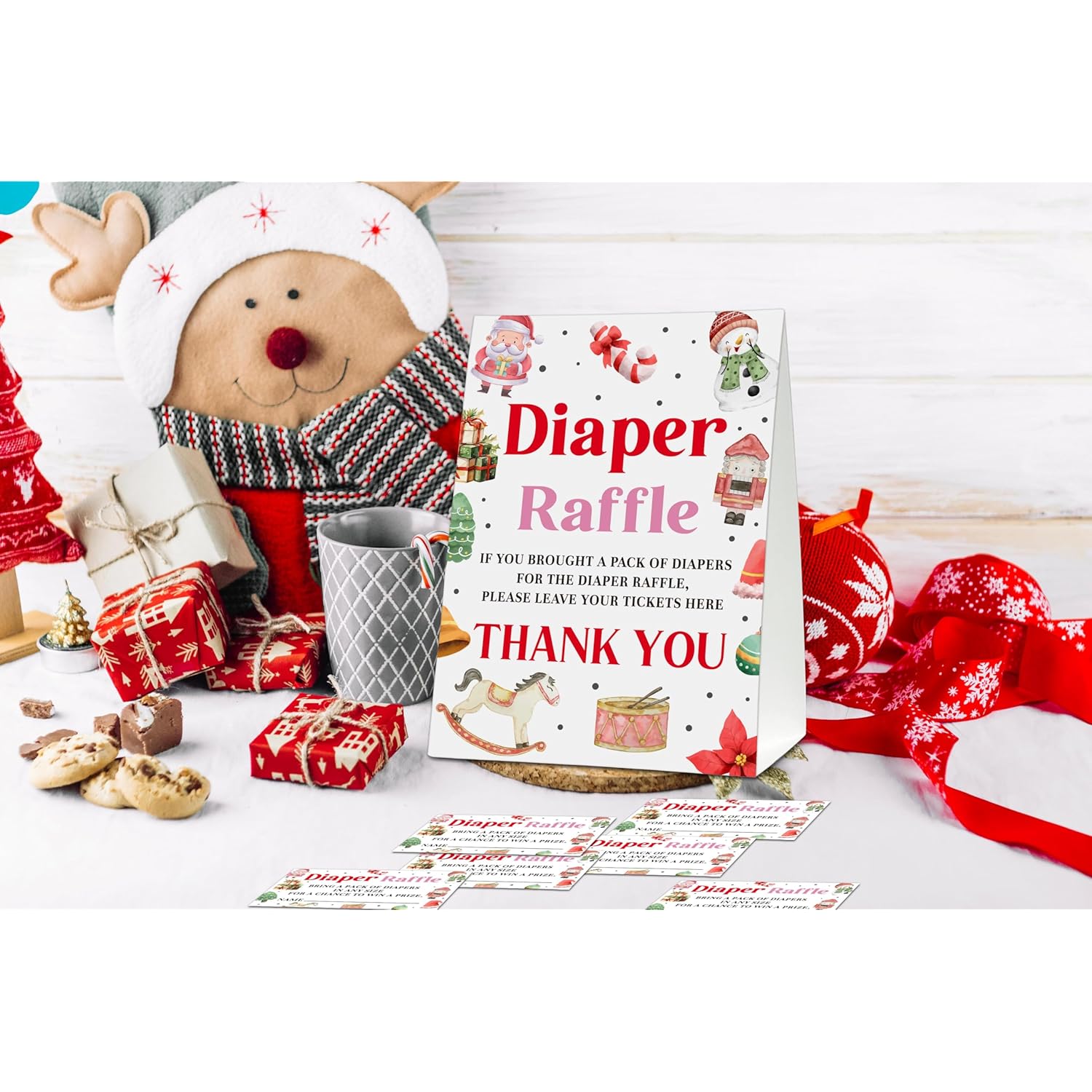Christmas Diaper Raffle Game, Christmas Baby Shower Game Sign, Santa Gender Neutral Party Favors, Winter Party Decorations Favors (1 Sign + 50 Raffle Tickets) - A03