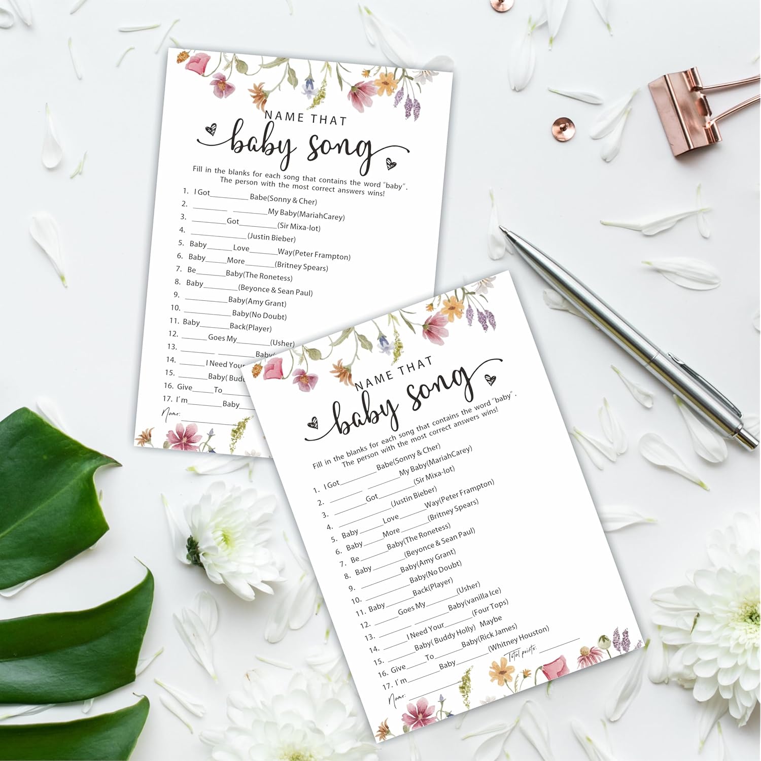 Baby Shower Party Games- Floral Watercolor Flower-Name That Baby Song Game For Guest-30 Game Card & 1 Answer Card-Wishes For Baby-Baby Announcement Gender Reveal Game Card 11