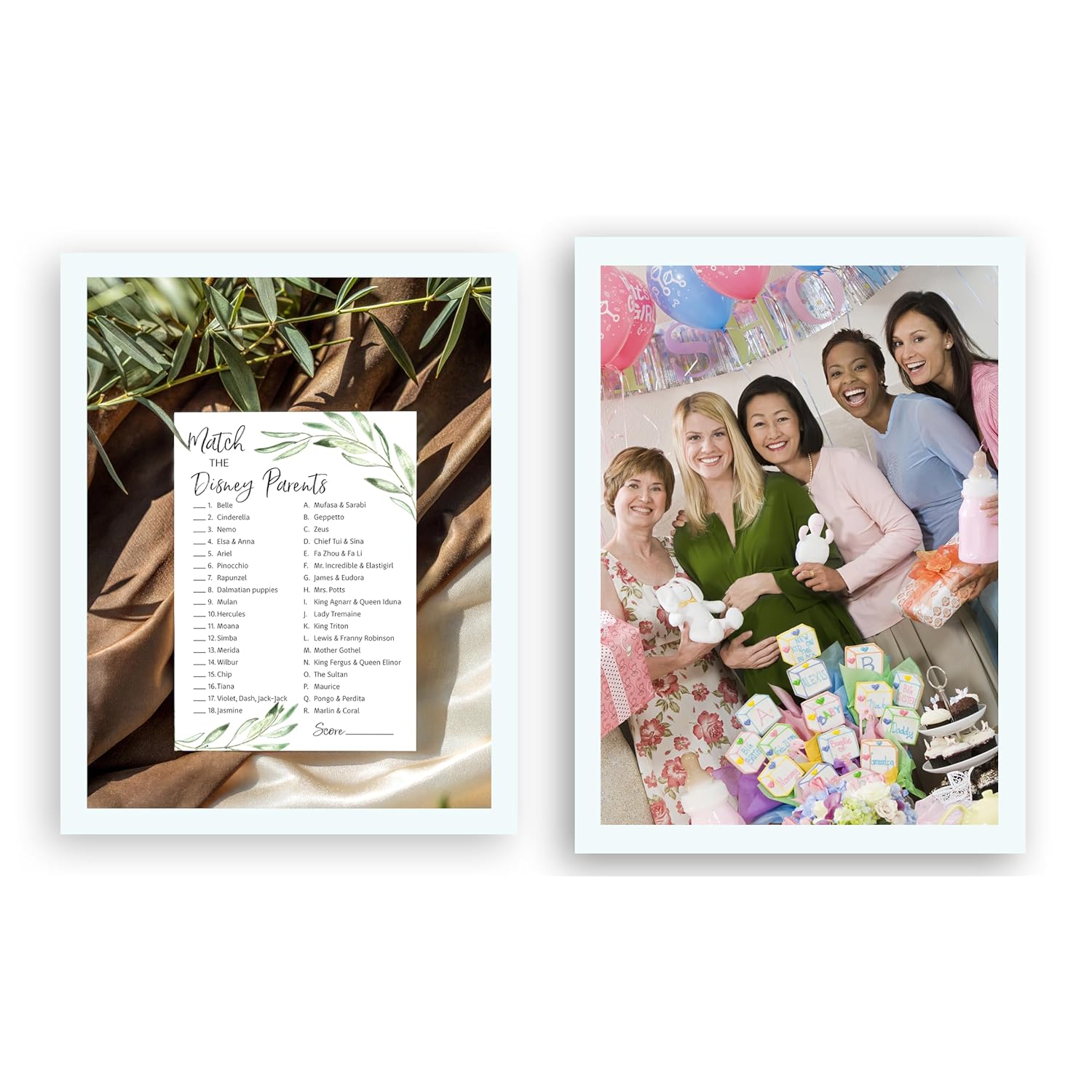 Greenery Baby Shower Games — Cartoon Parent Match Game — Pack Of 25 — Gender Neutral Floral, Green Leaves Branch, Fun Match The Cartoon Parents Baby Shower Activity G320-Dpm