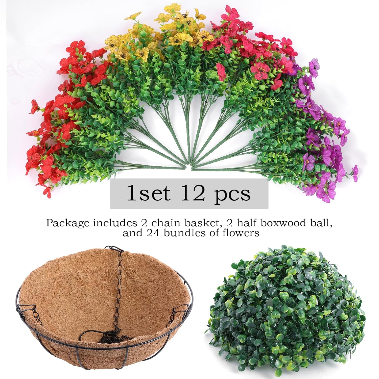 2 Set Artificial Outdoor Flowers With Hanging Basket, 2 Hanging Planters With 24 Pcs Flowers For Spring Summer Front Porch Garden Patio Home Decor (2, Red, Purple, Yellow, Rose Red)