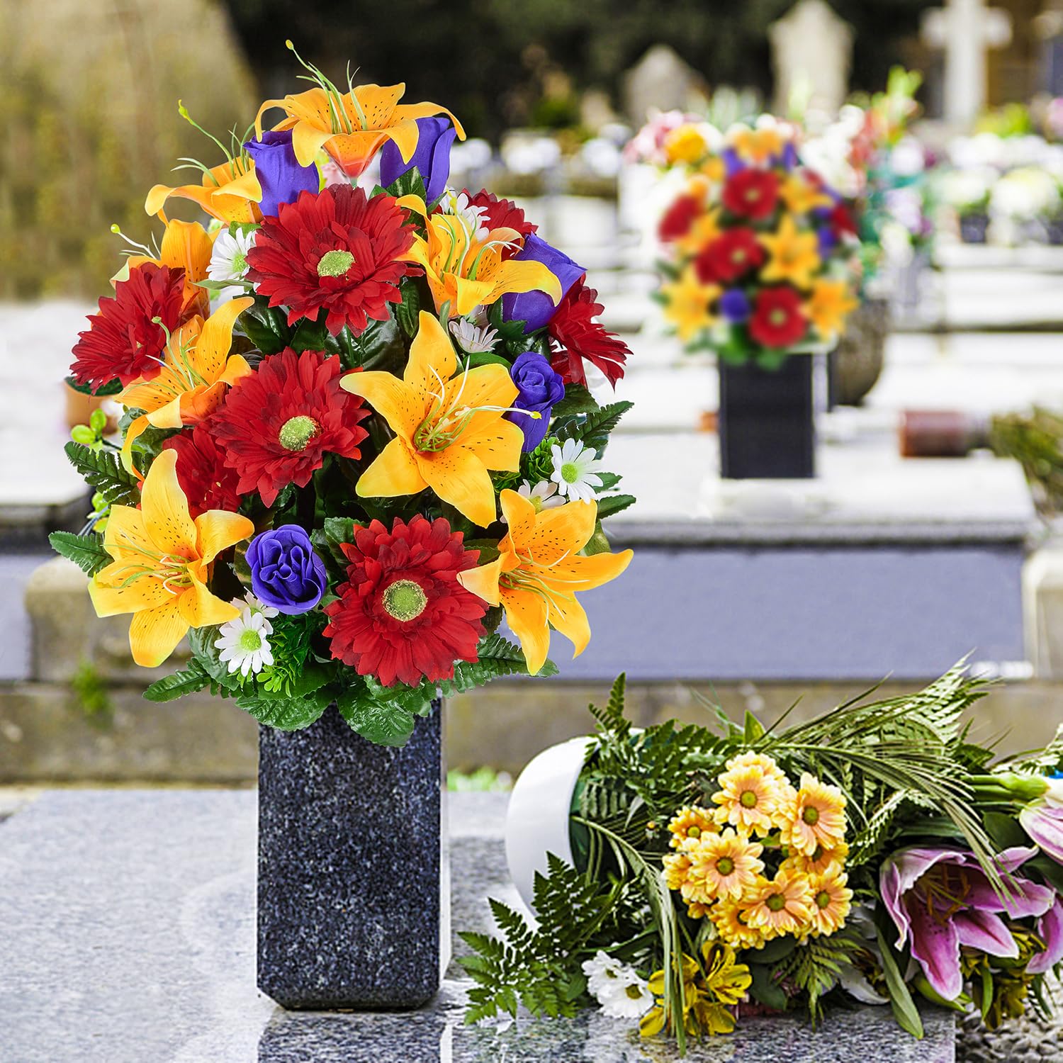 Artificial Cemetery Flower For Graves, Set Of 2 Cemetery Memorial Flowers With Vase For Gravesite Outdoor Headstone Tombstone Decorations, Artificial Lily Rose Gerbera Flowers Bouquets