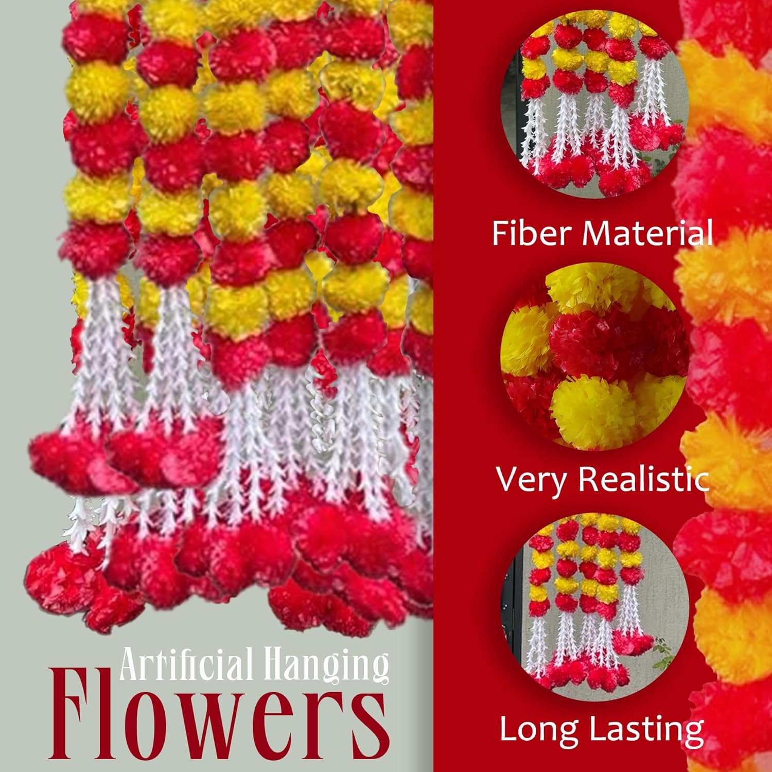 Marigold Garland Diwali Decorations Wedding Decorations Artificial Fake Flowers Fall Strands Garland Christmas Decor, Pack Of 5 Pcs - 5 Feet Each, Yellow Red