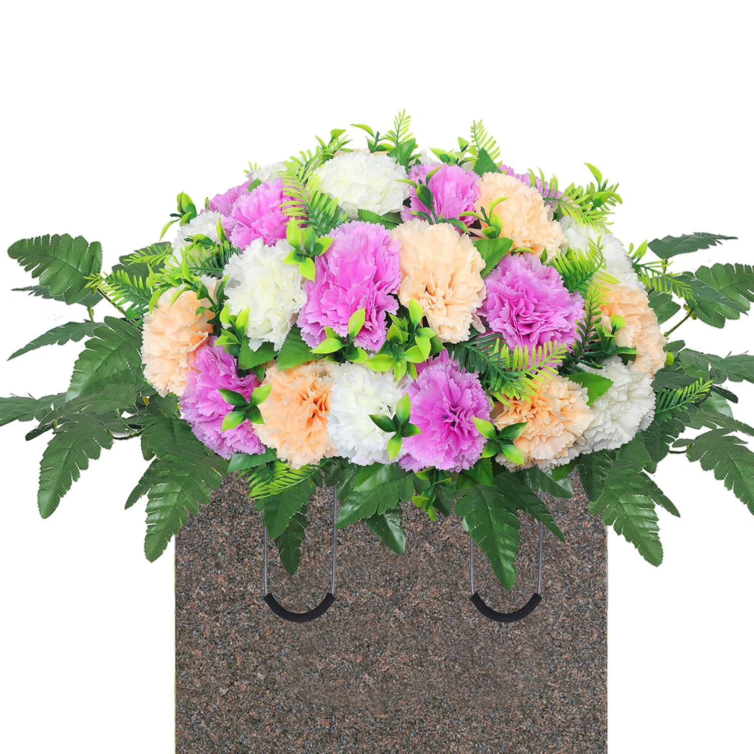 Artificial Cemetery Silk Flowers Saddle,Carnation Cemetery Headstone Flower Saddle, Memorial Flowers For Outdoor Tombstone Headstone Decorations (Purple Beige White)