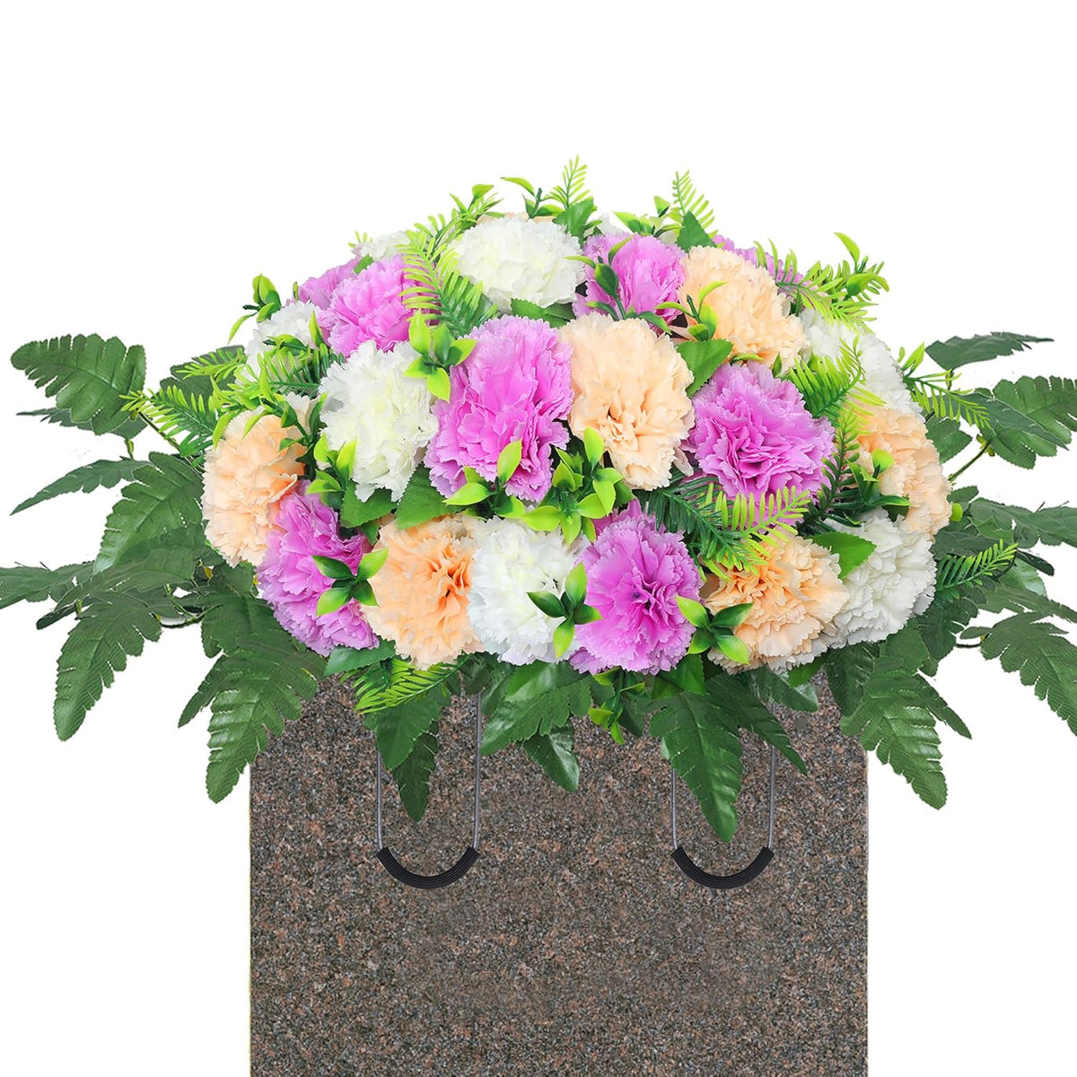 Artificial Cemetery Silk Flowers Saddle,Carnation Cemetery Headstone Flower Saddle, Memorial Flowers For Outdoor Tombstone Headstone Decorations (Purple Beige White)