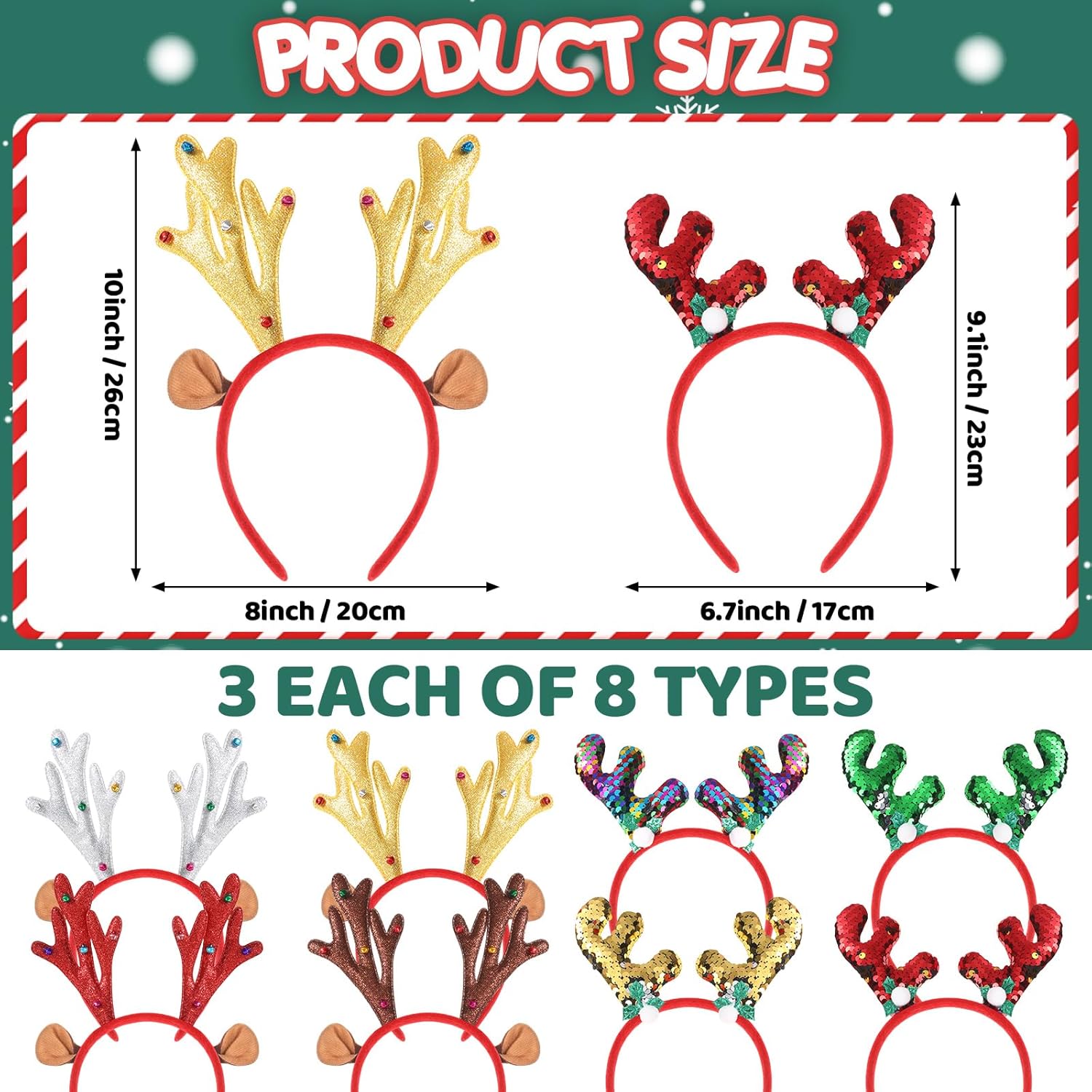 24 Pcs Christmas Reindeer Headbands,Antler Costume Headwears Bulk Shiny Head Topper With Sequin For Christmas Party Favors,8 Styles (Chic)