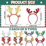 24 Pcs Christmas Reindeer Headbands,Antler Costume Headwears Bulk Shiny Head Topper With Sequin For Christmas Party Favors,8 Styles (Chic)