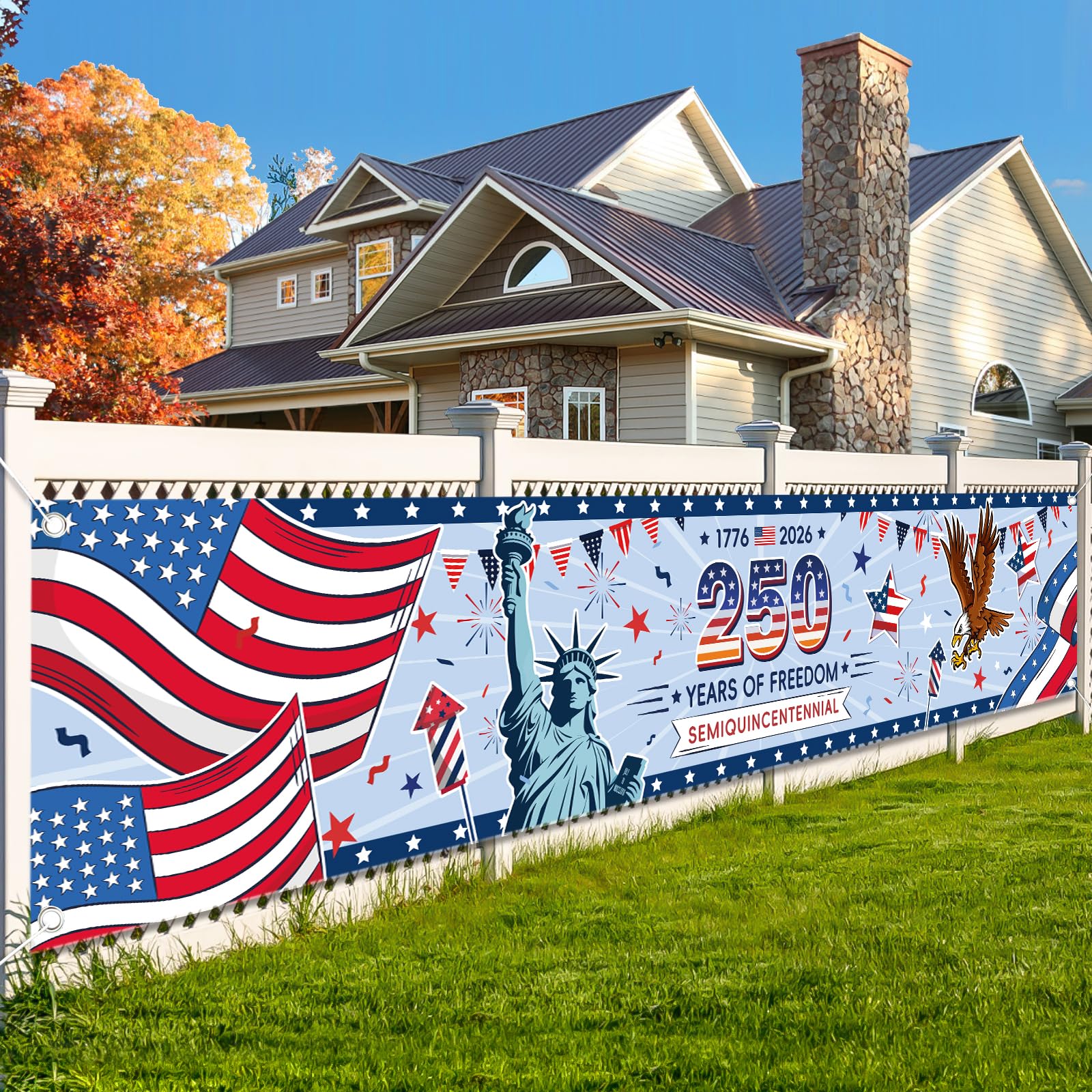 USA Large Backdrop Banner Flag for 250th Anniversary Decorations, 9.8 x 2ft American Fabric Background Banner for Independence Day, 4th of July, Home Yard Fence Garden Bar Decor
