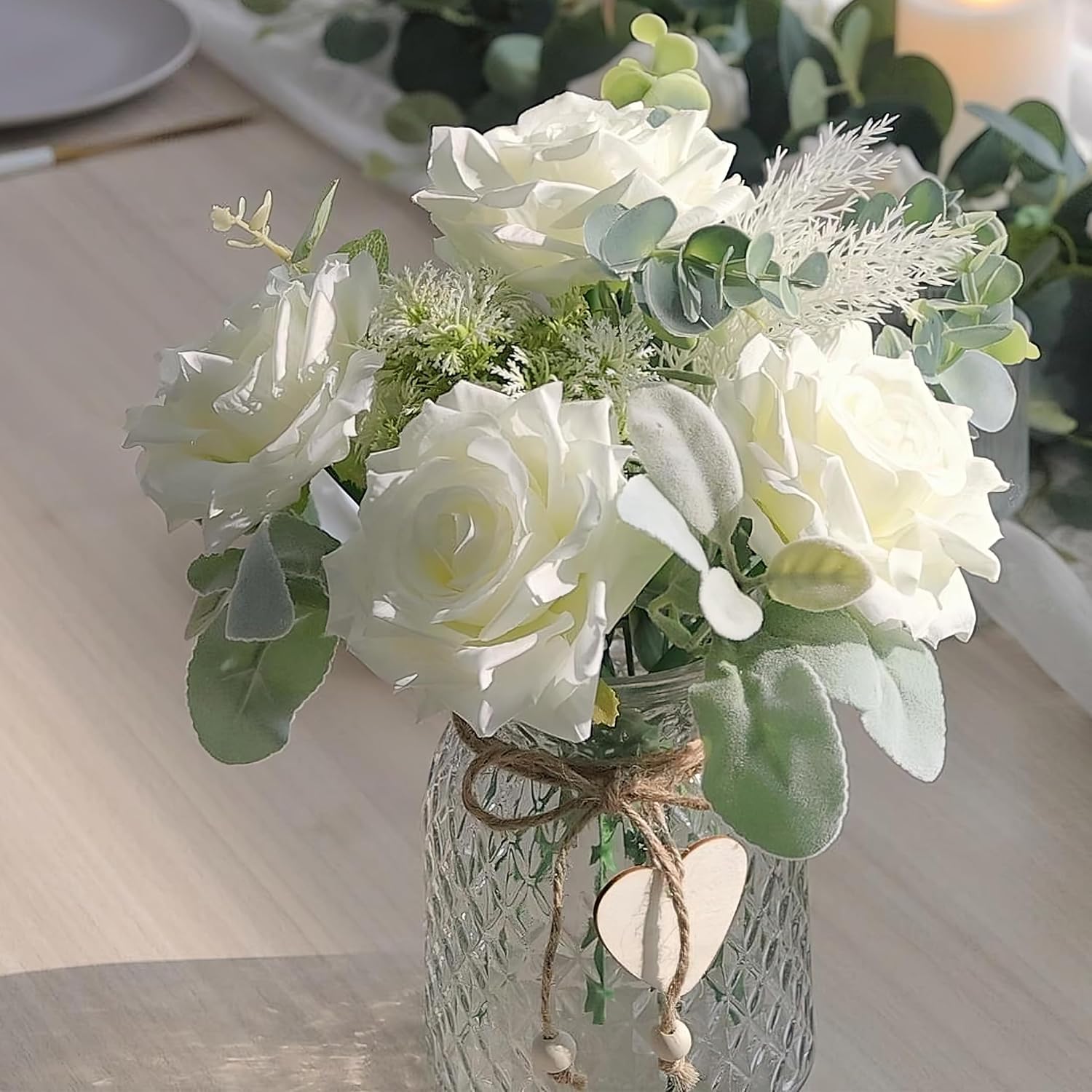 Artificial Flowers With Vase, White Silk Roses Fake Flower Arrangement With Eucalyptus, Faux Plant Vase For Home Office Dining Table Centerpiece Coffee Table Decor Farmhouse Decoration