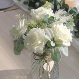 Artificial Flowers With Vase, White Silk Roses Fake Flower Arrangement With Eucalyptus, Faux Plant Vase For Home Office Dining Table Centerpiece Coffee Table Decor Farmhouse Decoration