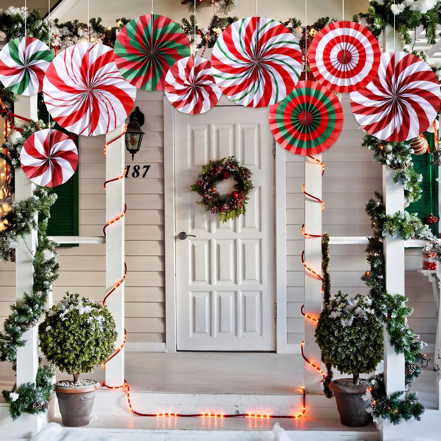 Christmas Hanging Decorations Candy Paper Fans Peppermint Hanging Paper Fans Candy Cane Ceiling Wall Decor For Christmas Party Classroom Birthday Party(9 Pcs,Sweet)