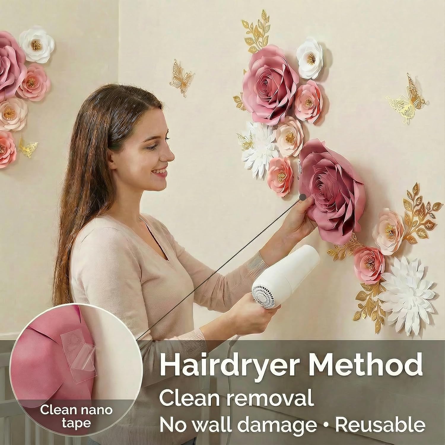 Large Paper Flowers Wall Decor For Baby Girl Nursery (Pre-Assembled) - 300Gsm Pearlized Cardstock 3D Roses With Gold Butterflies - Renter-Friendly Nano Tape & Reusable Backdrop (Pink, Set Of 6)