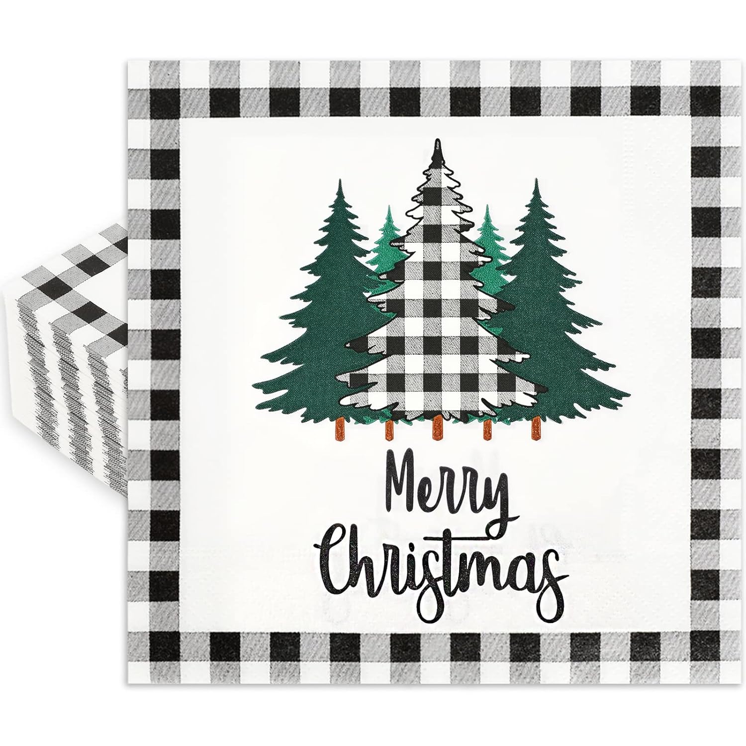 80 Pack Christmas Napkins Paper Xmas Tree Black White Buffalo Plaid Edge Pattern Disposable Napkins 6.5 Inch Merry Christmas Cocktail Napkins For Xmas Party Winter Holiday Dinner Supplies