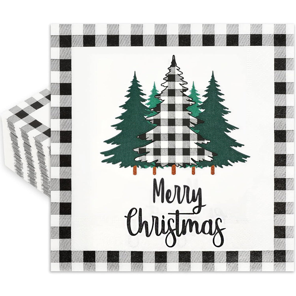 80 Pack Christmas Napkins Paper Xmas Tree Black White Buffalo Plaid Edge Pattern Disposable Napkins 6.5 Inch Merry Christmas Cocktail Napkins For Xmas Party Winter Holiday Dinner Supplies
