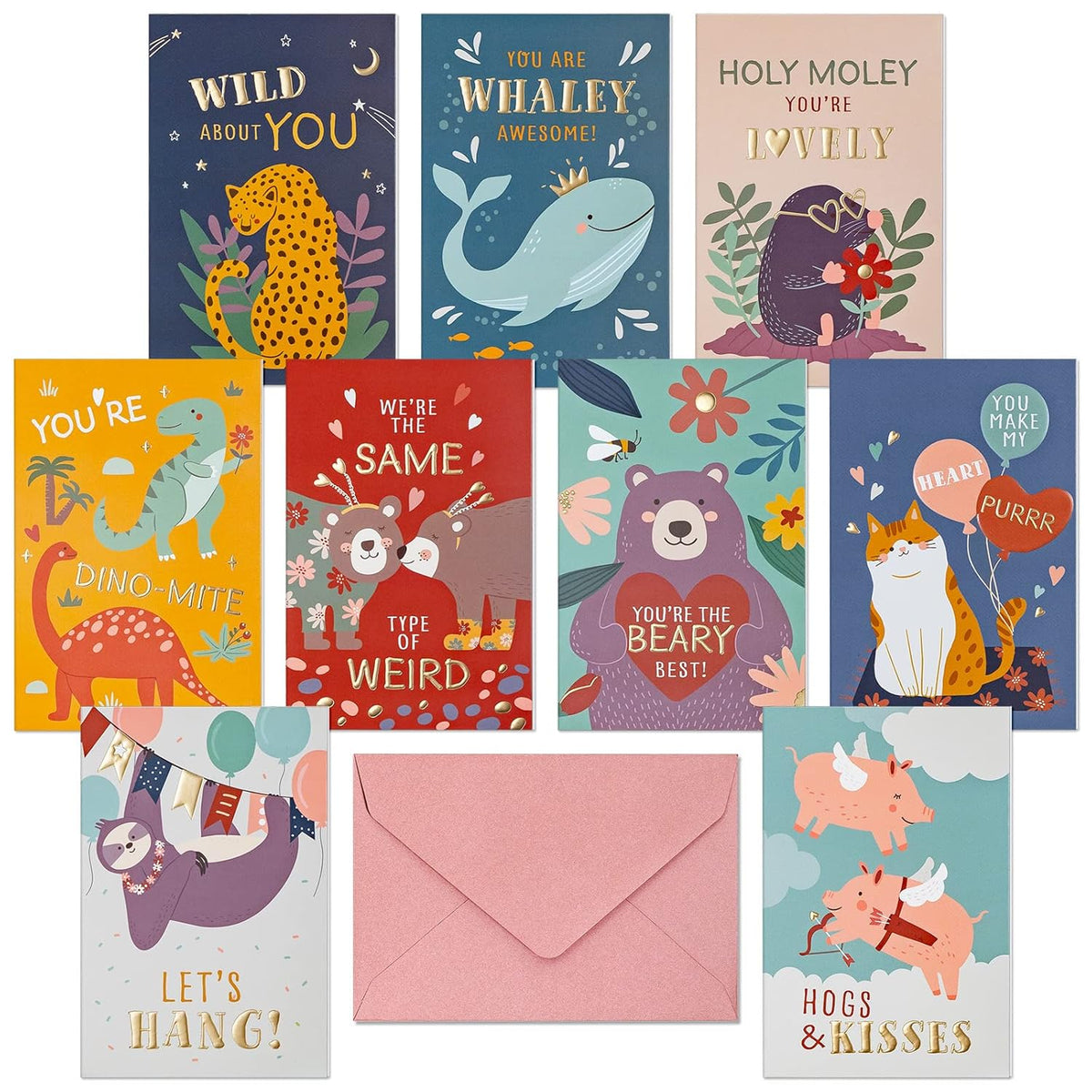 Valentines Day Cards For Kids School, 36-Pack Animal-Themed Funny Valentine'S Exchange Cards For Classroom With Gold Foil And Emboss Details, 4 X 6 Inches, Blank On The Inside, Envelopes Included