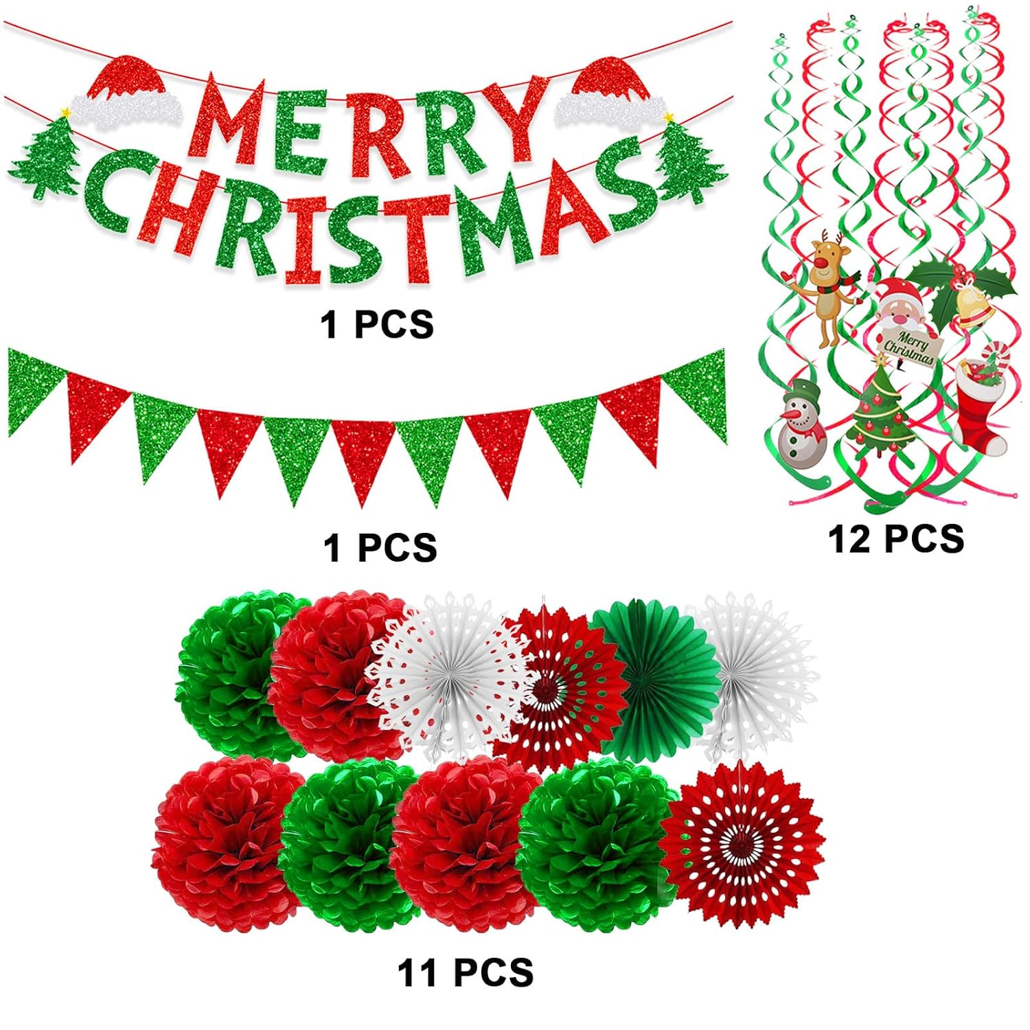 Merry Christmas Paper Banner Triangle Flag Bunting Pom Poms Paper Flower Fan Swirls Streamers Christmas Tree Stocking Bell Santa Claus Garland For Party Decoration