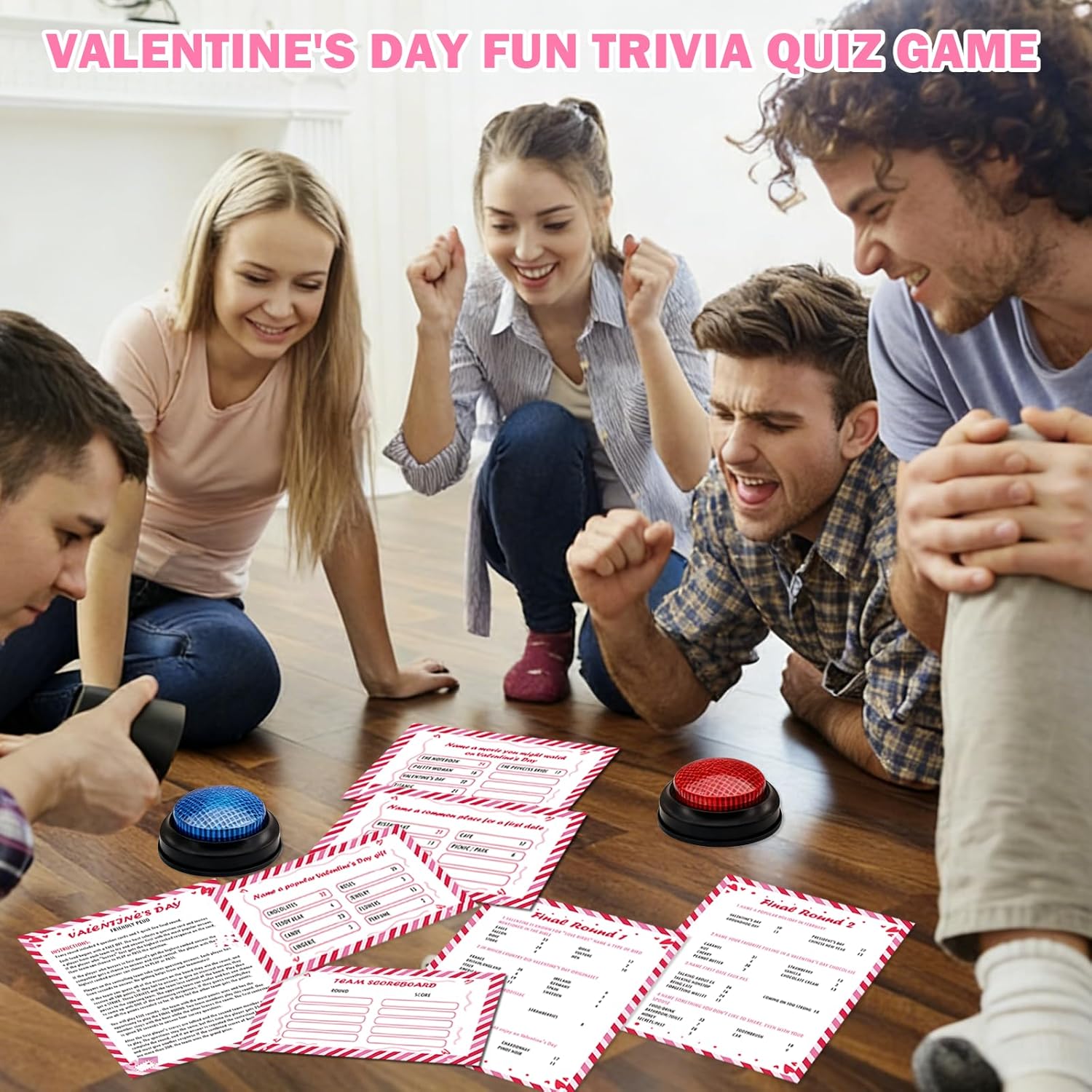 30 Pcs Valentine'S Day Friendly Feud Game With 2 Answer Buzzers,Cupid Card Friendly Feud Quiz,Roomantic Feud Card Game For Adults Couples,Trivia Quiz,Fun Galentine'S Day,Office, Team Building